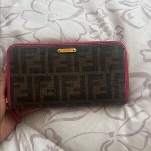 Authentic Fendi Brown Zucca Canvas Wallet with Pink Trim